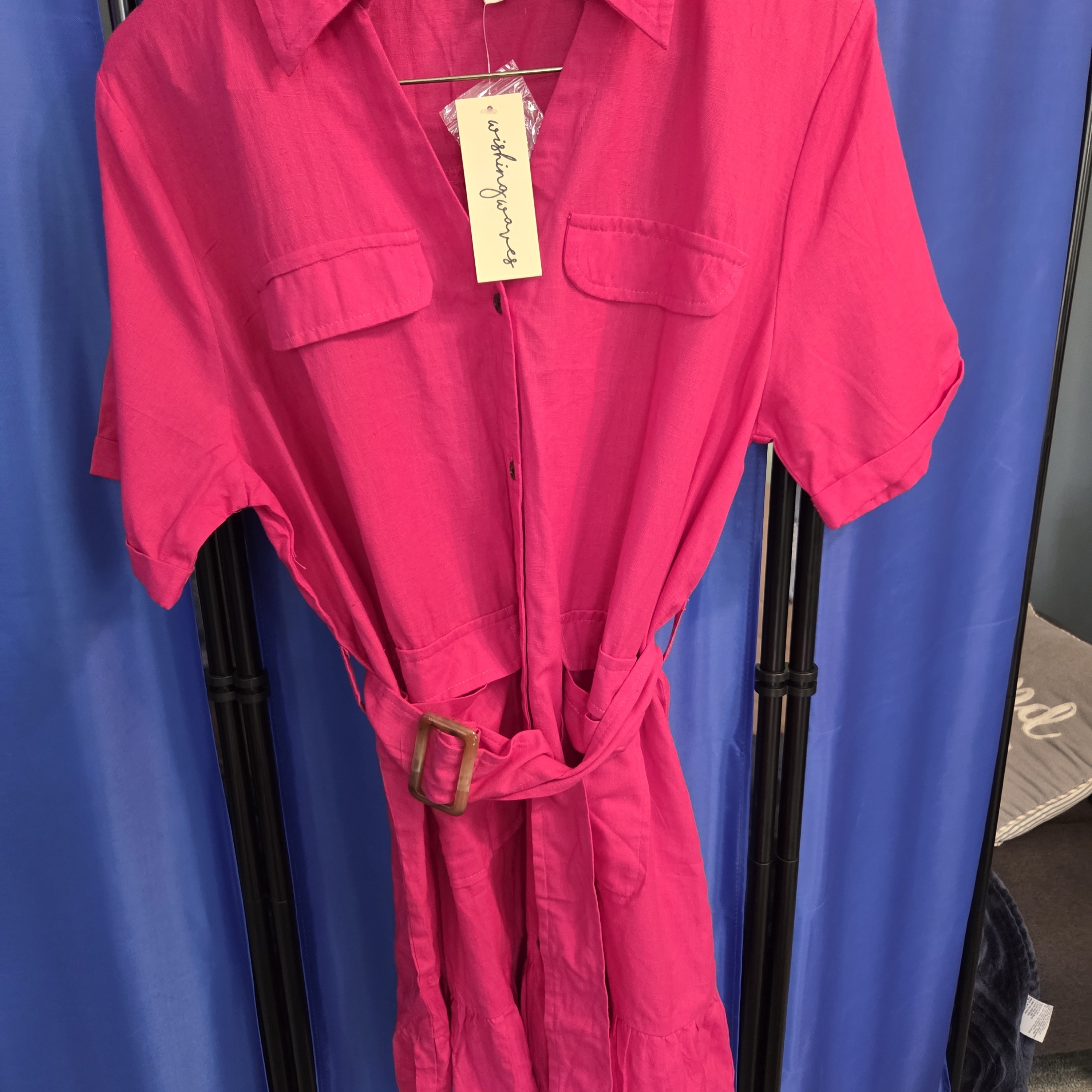 Bright Pink Utility Shirt Dress With Belt 100% Cotton